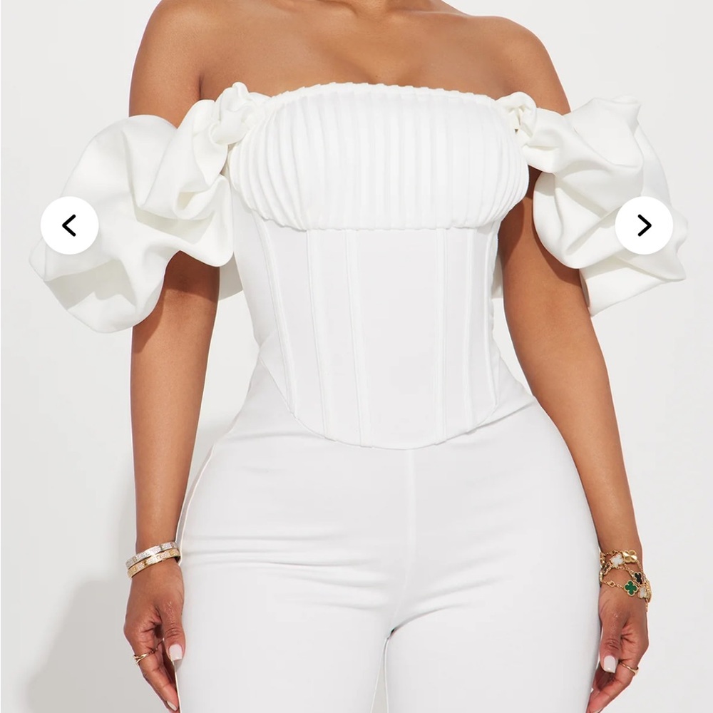 Fashion Nova Off-Shoulder White Flare Jumpsuit - Picture 2 of 4